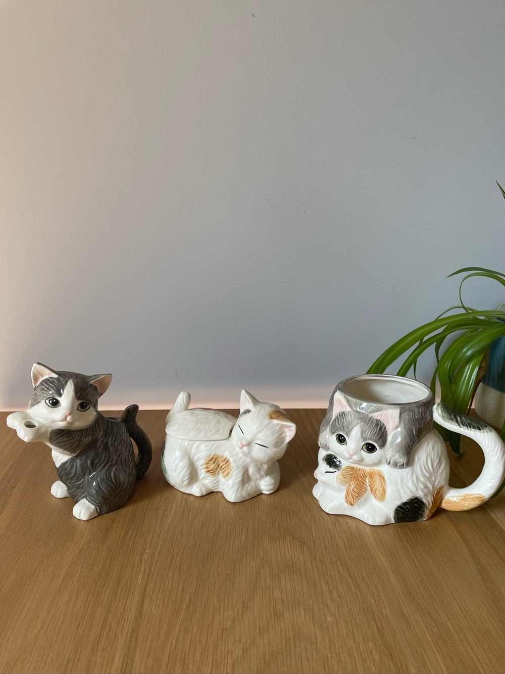 Vintage Hearth & Home Calico Cat Creamer Sugar Bowl Coffee Mug Set 1980s Mexico - Picture 2 of 16